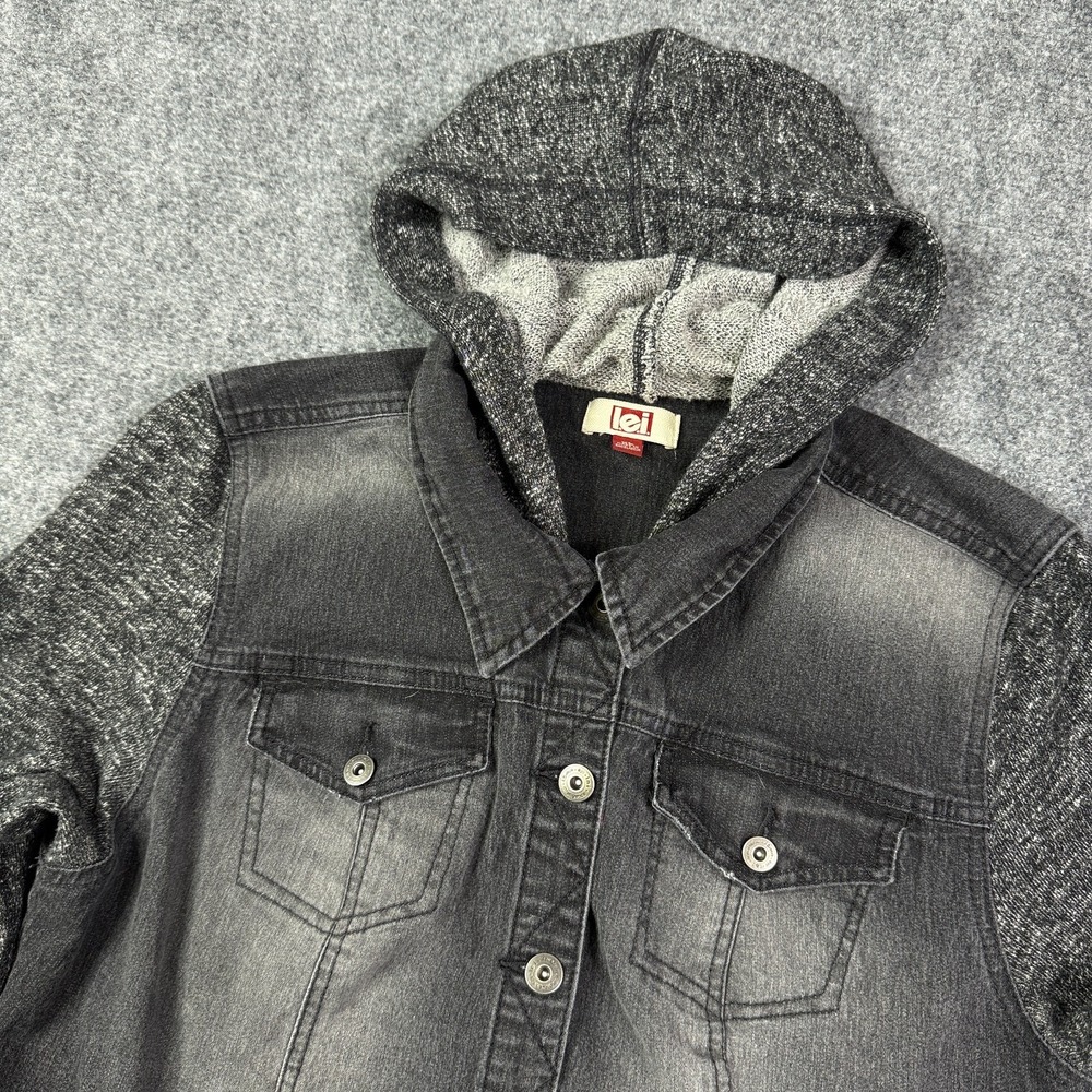 LEI Hooded Denim Jacket Womens Junior XL Black Knit Sleeve Trucker Vintage Y2K